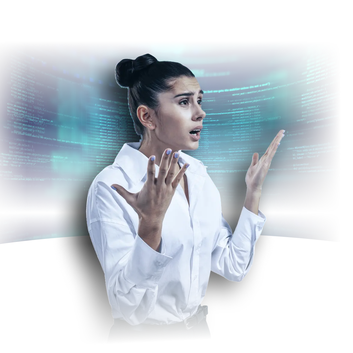A frustrated woman in a white button-down shirt gestures with her hands while surrounded by floating blue digital code, conveying confusion or overwhelm with technology or programming.