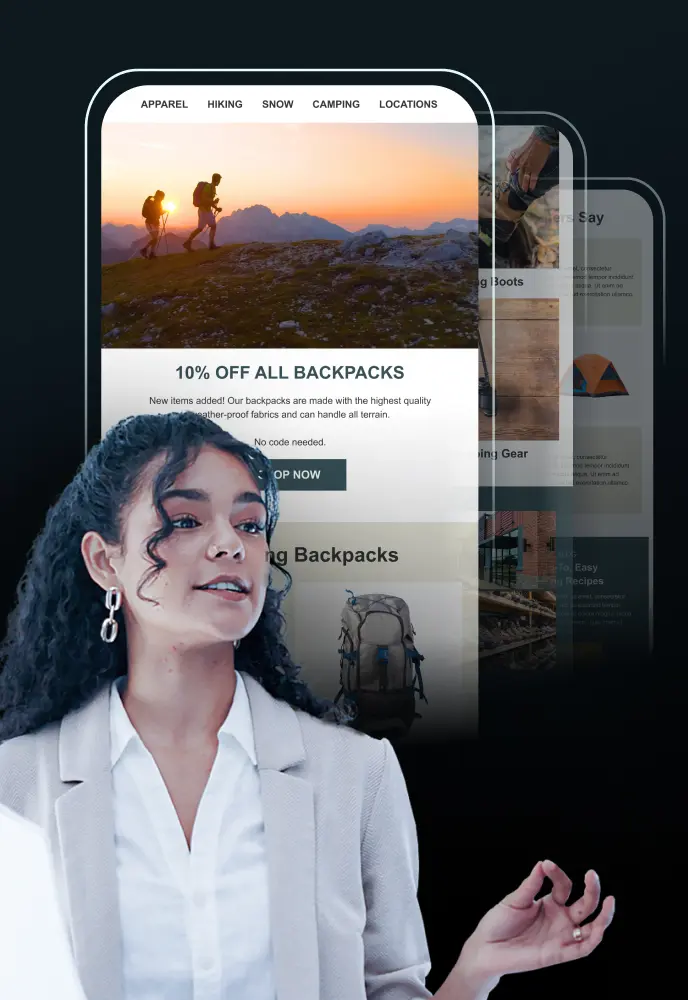 <p>A woman with curly hair wearing a light-colored blazer gestures while speaking, standing in front of large overlapping digital screens displaying an outdoor gear website. The website features hiking imagery, backpack promotions, and navigation tabs for apparel, hiking, snow, camping, and locations.</p>