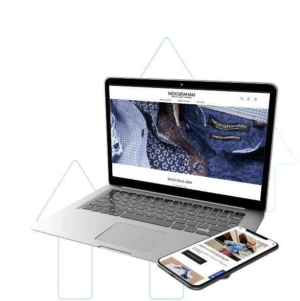 A laptop and smartphone display the Nick Graham website, which showcases stylish patterned dress shirts in the hero banner. The screens emphasize the “Build Your Look” call-to-action, reflecting a modern and mobile-responsive fashion e-commerce design. Behind the devices, upward-pointing pixel arrows suggest increased engagement or growth in online sales.