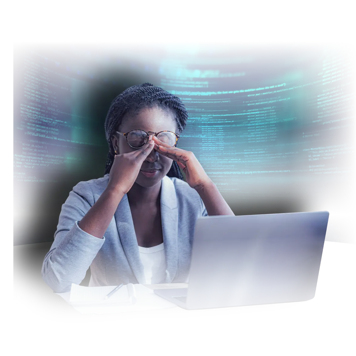 Frustrated woman sitting at a laptop with hands on her face, surrounded by digital code, representing challenges in web development or e-commerce setup.