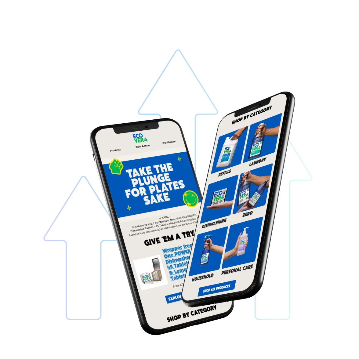 Two smartphones displayed side by side show an eco-friendly shopping app interface, featuring product categories like refills, laundry, dishwashing, household, and personal care, with upward arrows in the background suggesting growth or increased engagement.