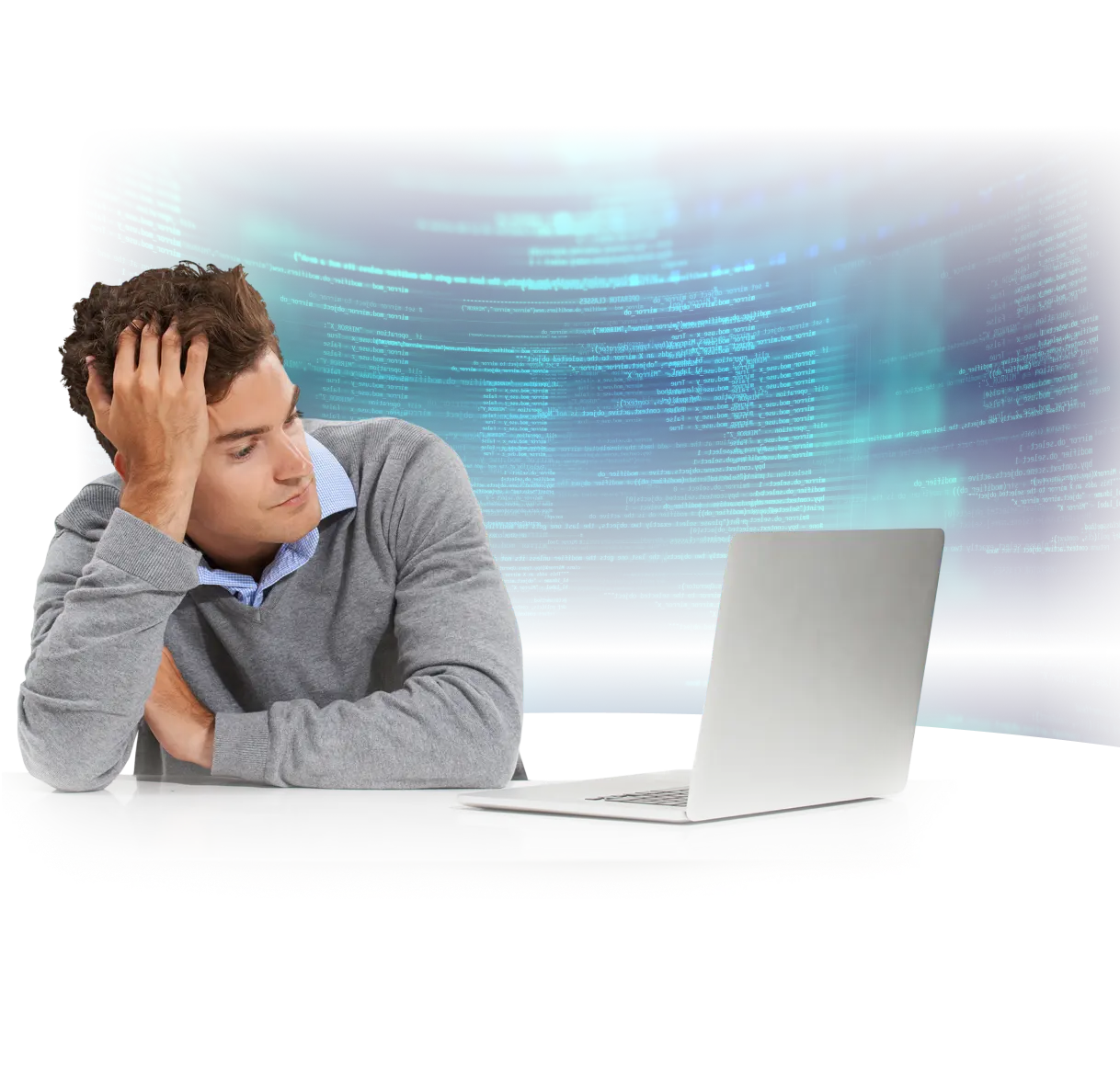 A frustrated man in a gray sweater leans his head on one hand while staring at a laptop on a white desk. Behind him, glowing blue lines of code scroll across a digital background, suggesting confusion or burnout from technical issues, coding errors, or system overload.