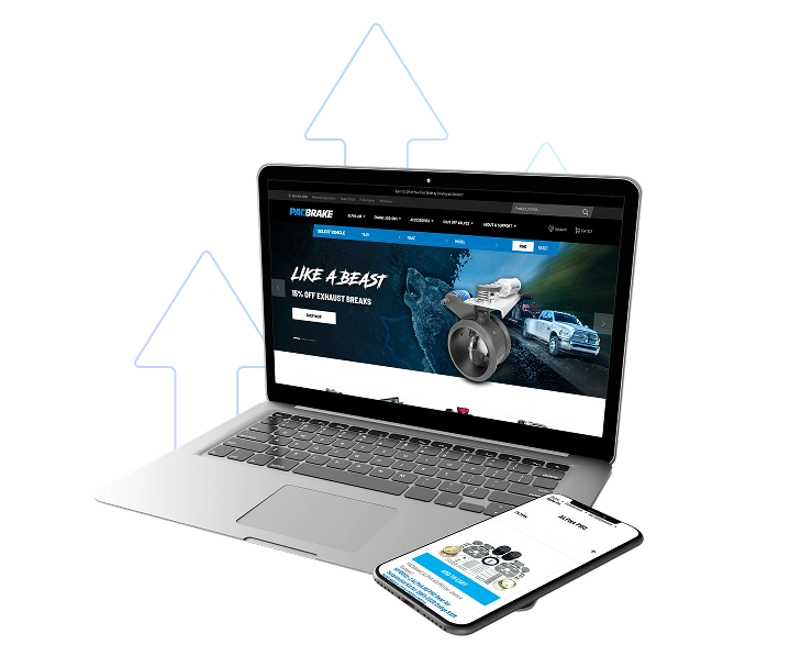 Open laptop displaying the Pacbrake website with the headline “LIKE A BEAST” and an image of an automotive part, accompanied by a smartphone displaying a matching product page. Background features upward-pointing arrows, symbolizing growth or performance increase.