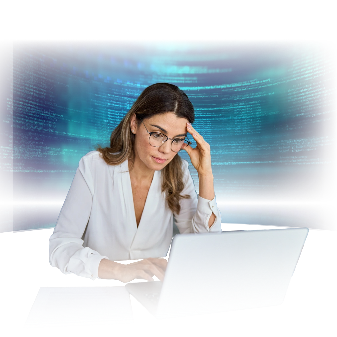 Woman in glasses and white blouse working on a laptop with a focused expression, surrounded by glowing blue digital code in the background.