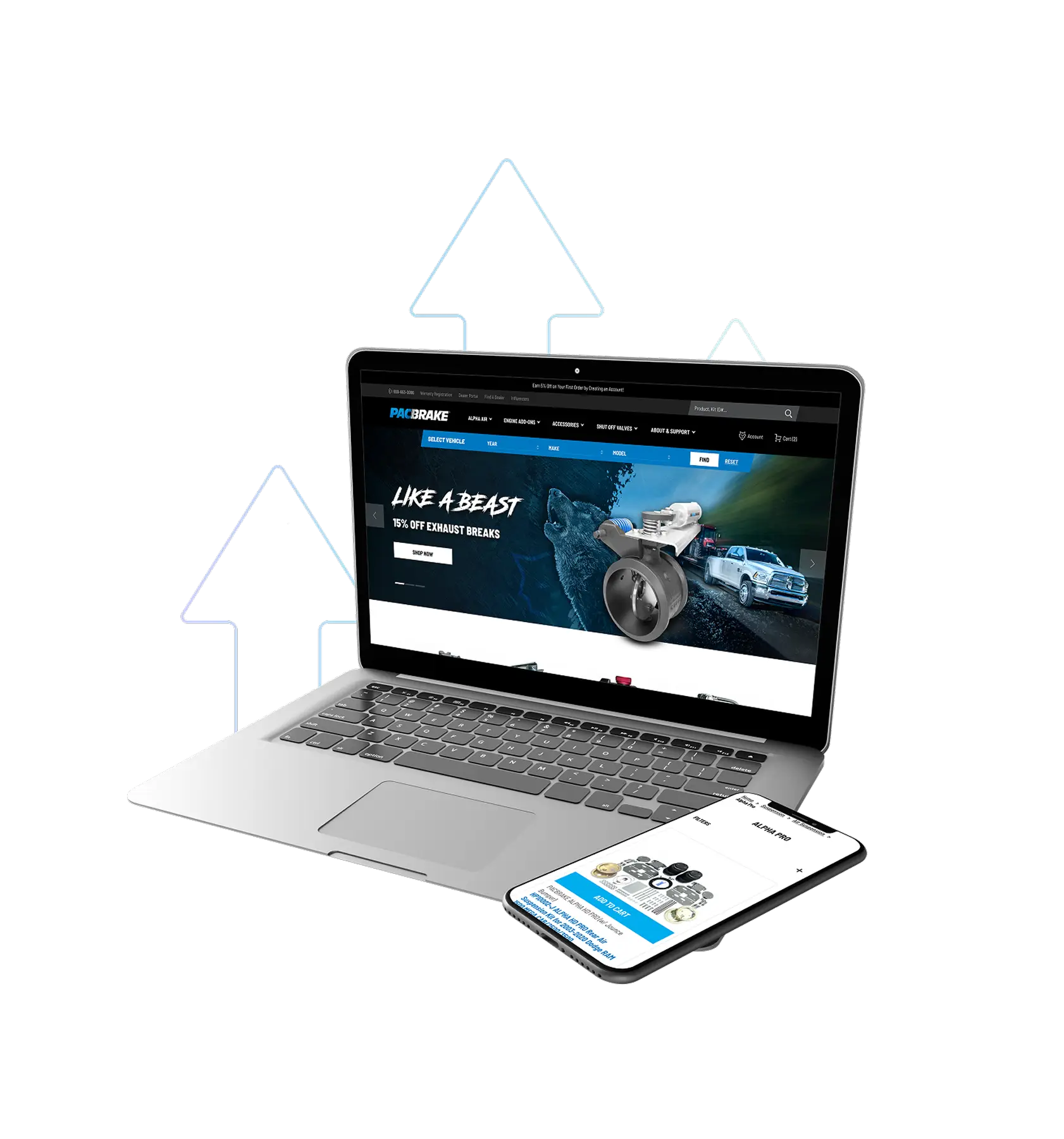A laptop displaying an automotive parts e-commerce website with a smartphone showing the mobile version in front, with upward arrows in the background suggesting growth or increased performance.