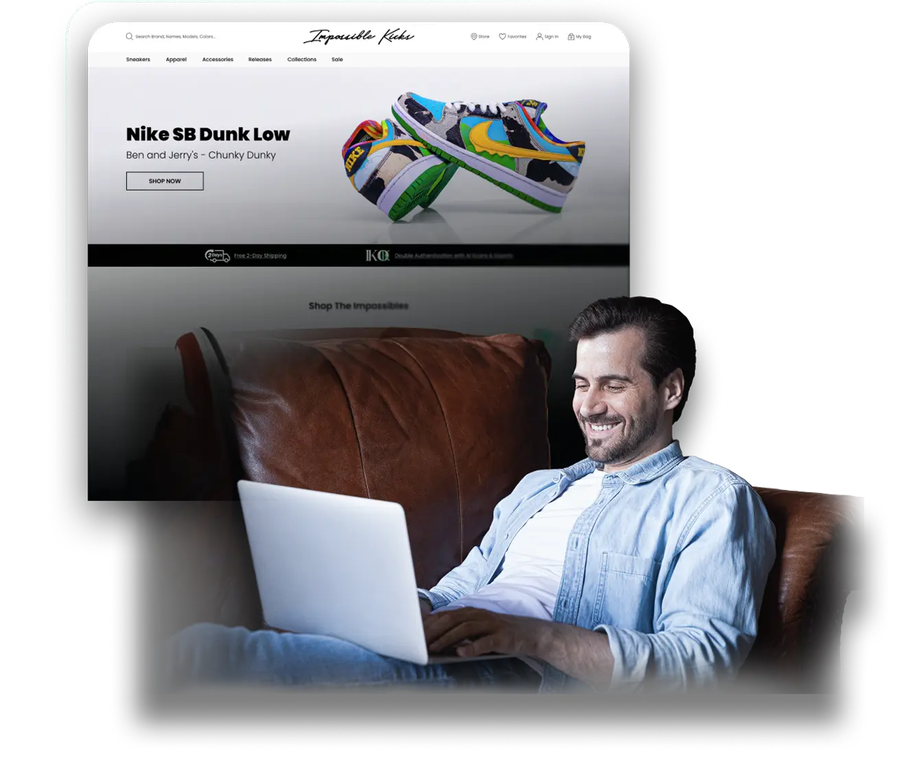 A smiling man sitting on a brown leather couch using a laptop, with an online sneaker shopping website displayed in the background featuring Nike SB Dunk Low shoes.