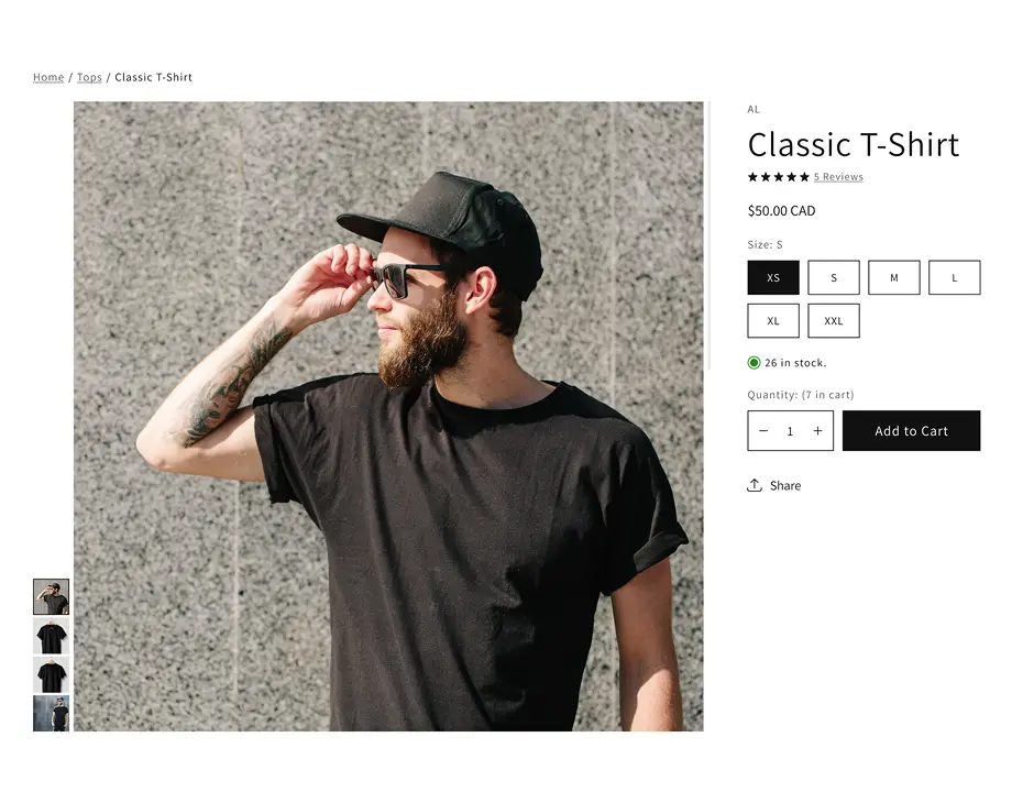 Product page displaying a man wearing a black classic T-shirt and sunglasses, with product details including price, size options, stock status, and an add to cart button.