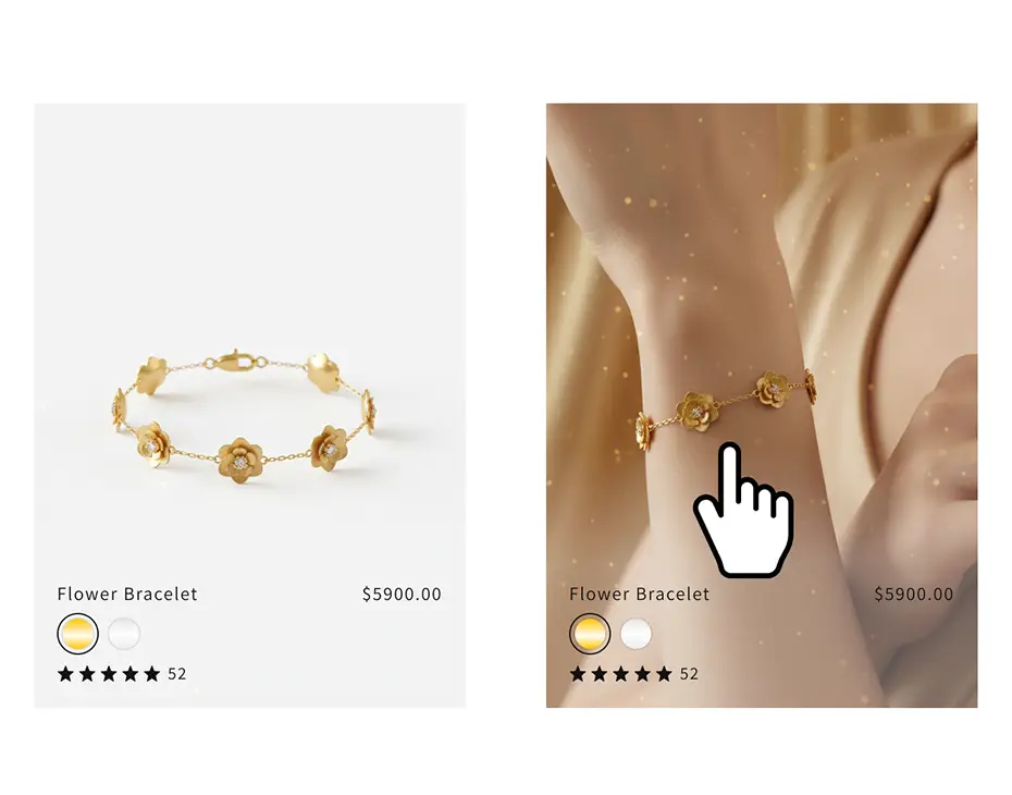 Product display showing a gold flower bracelet on a plain background and worn on a wrist, with price, color options, and customer rating shown below.