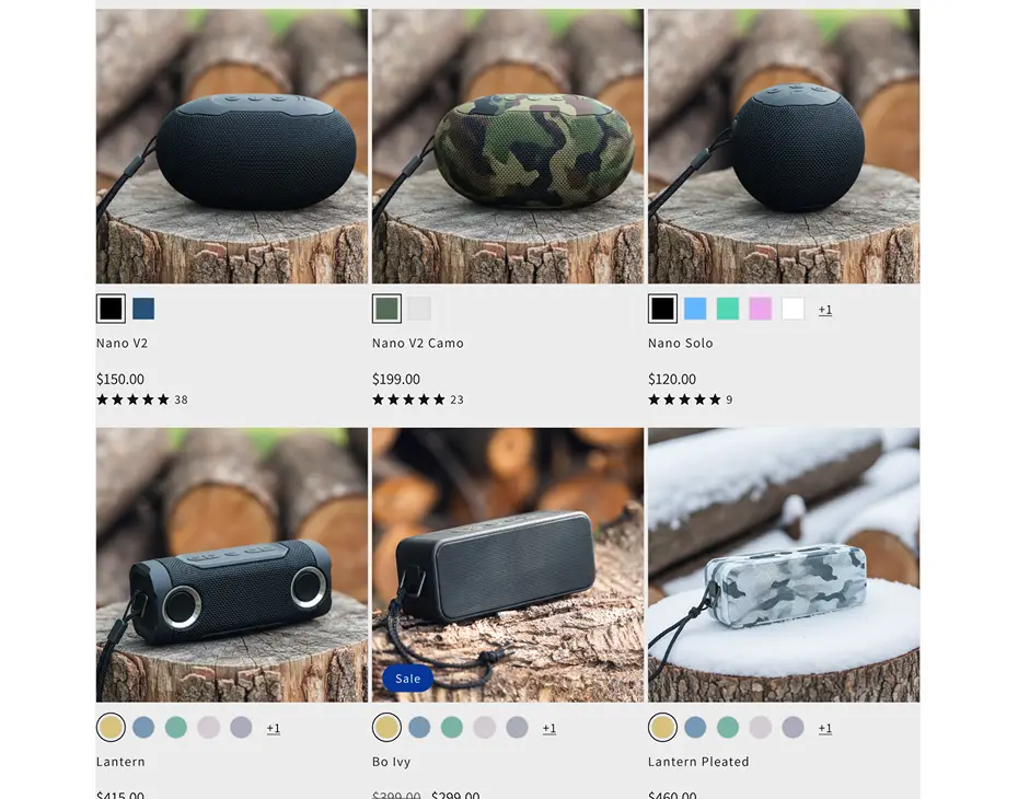 Product grid displaying portable speakers in various styles and colors, with product names, prices, color options, and customer ratings shown below each item.