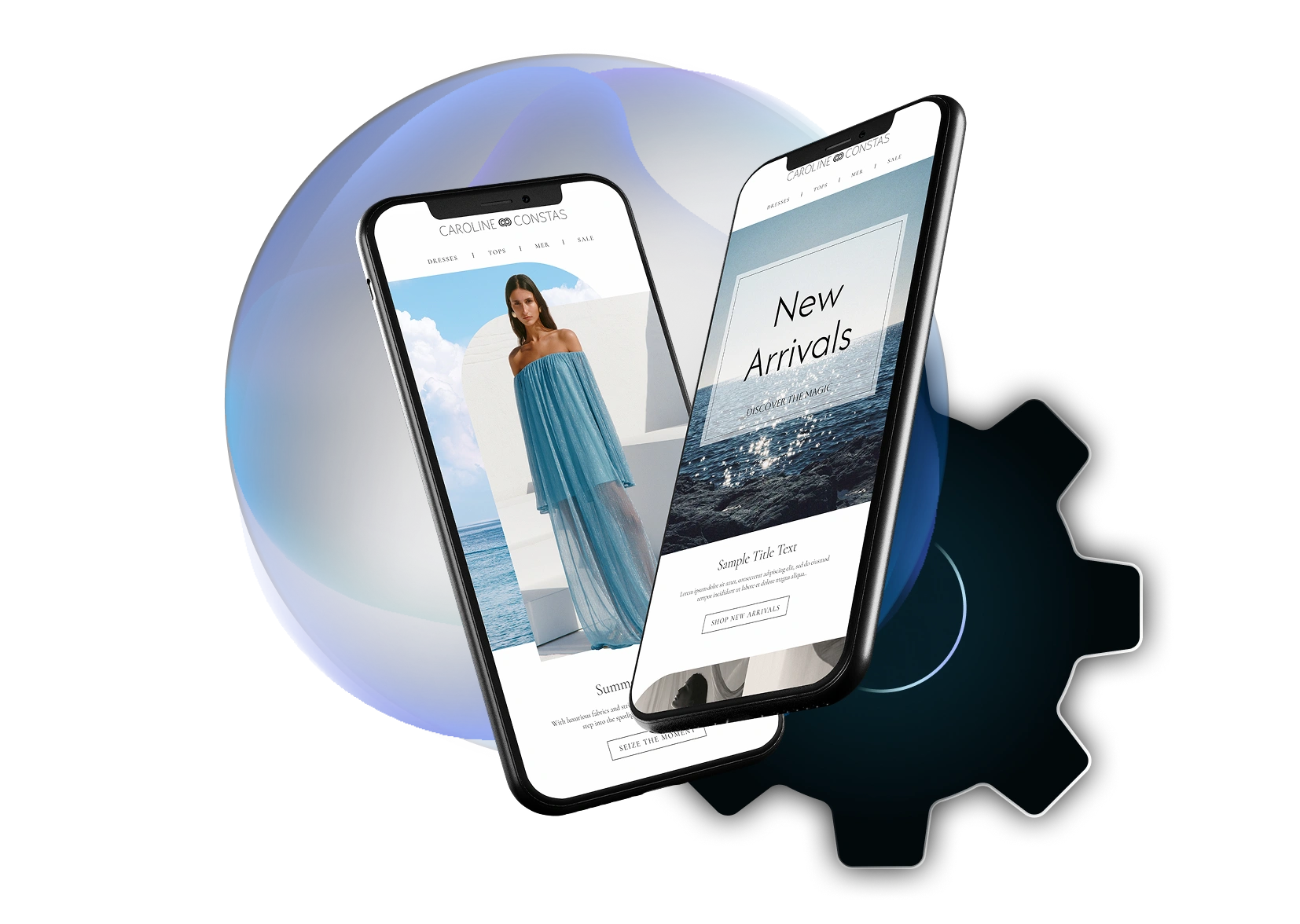 Two smartphones displaying a fashion eCommerce website featuring a model in a blue off-shoulder dress and a "New Arrivals" banner, with a blue abstract background and a black gear icon, symbolizing eCommerce technology and automation.