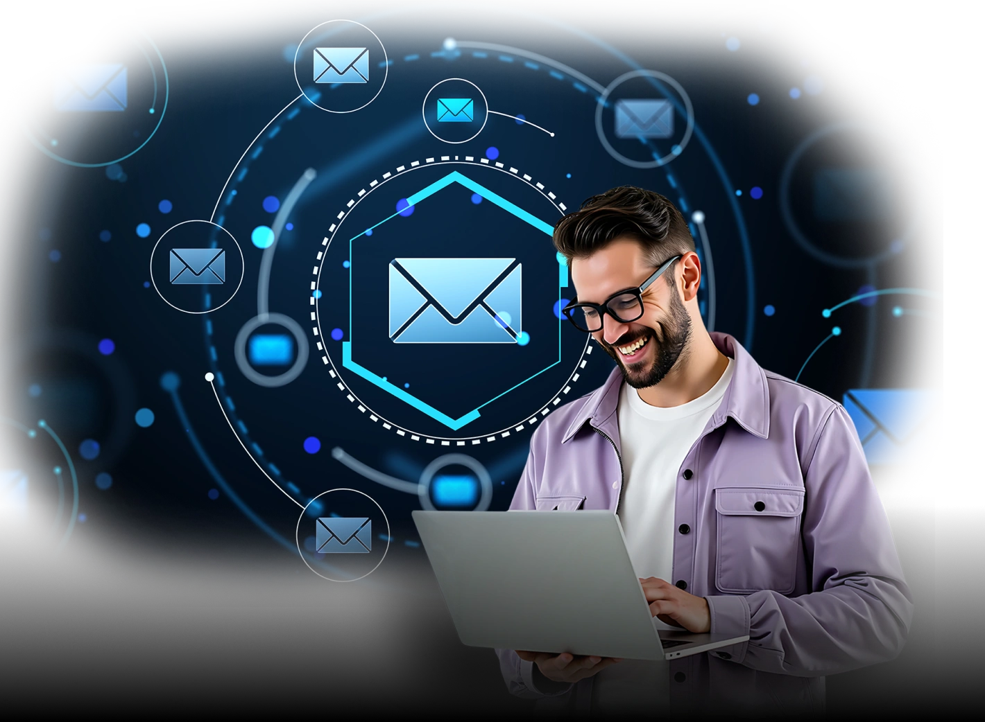 Smiling man in a lavender jacket using a laptop, surrounded by floating email icons in a dark blue digital interface representing email network connectivity and communication.