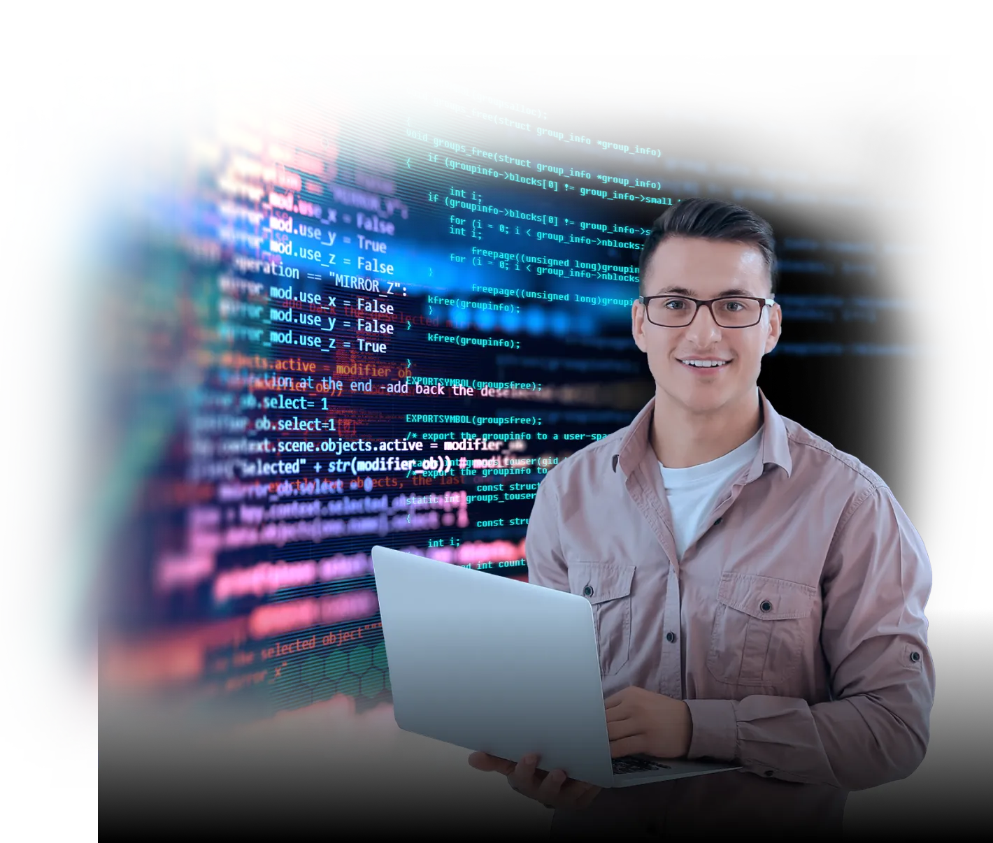 Man Smiling with computer, with website code behind him.