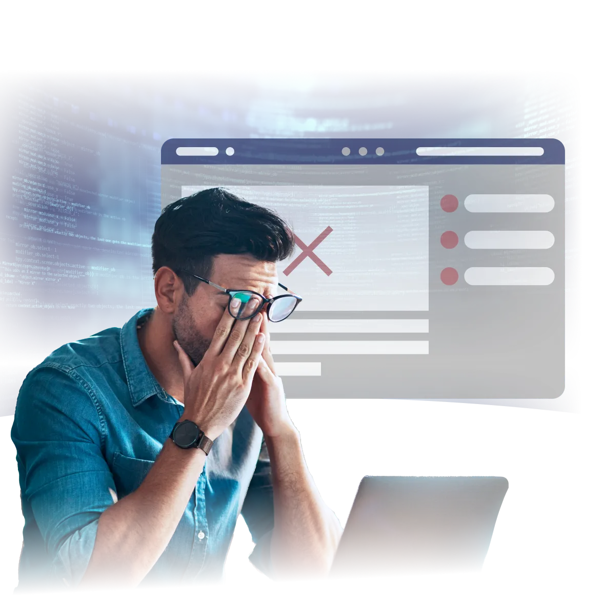 A frustrated man in glasses rubs his face while sitting in front of a laptop. Behind him, a digital browser window with a large red “X” error icon is superimposed over blue scrolling code, symbolizing a failed website or e-commerce design issue causing technical or user experience problems.