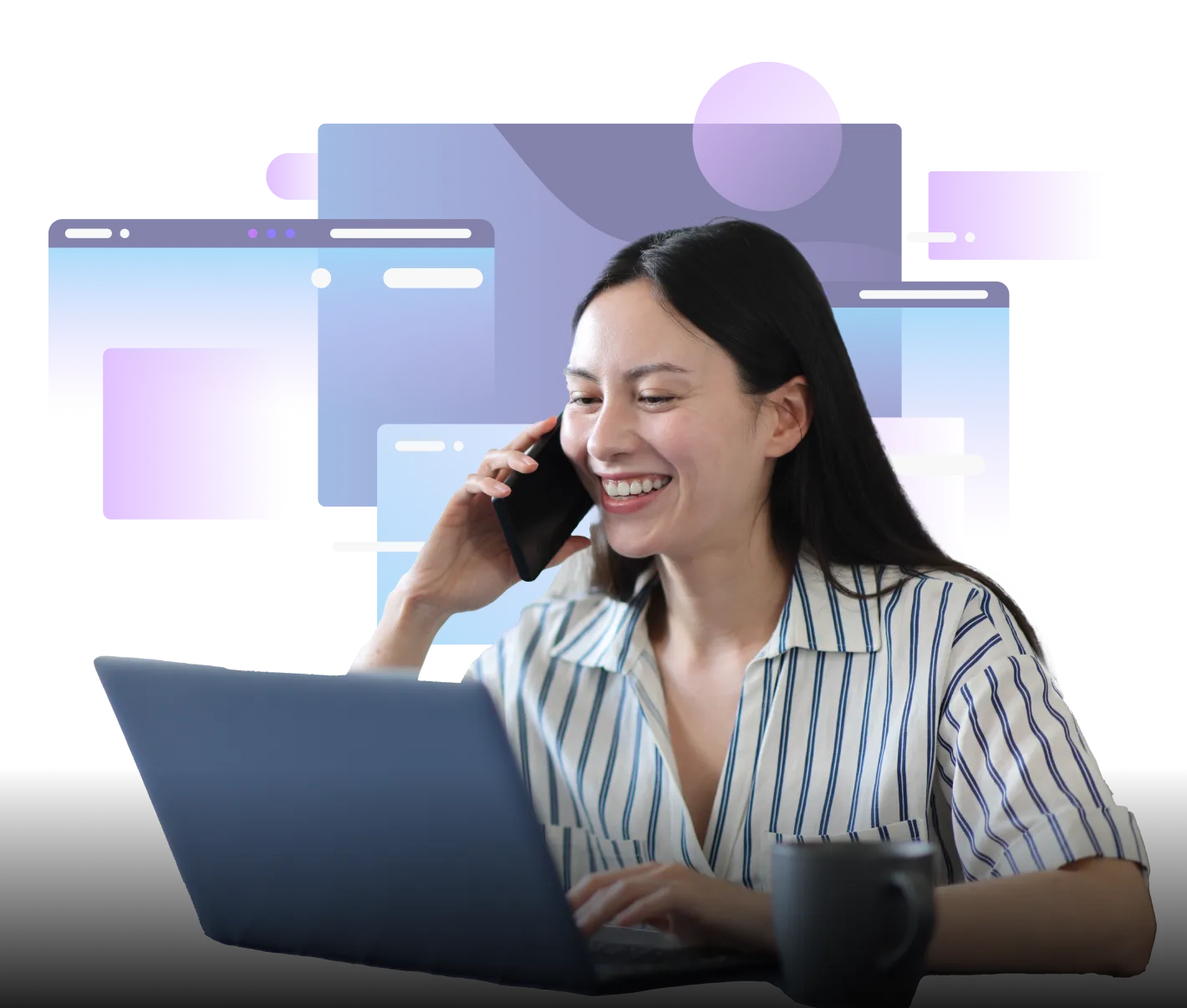 A smiling woman in a striped shirt talks on her phone while typing on a laptop. She sits at a desk with a coffee mug, in front of a vibrant digital background featuring layered purple and blue browser windows, symbolizing online collaboration, multitasking, or web-based project work.