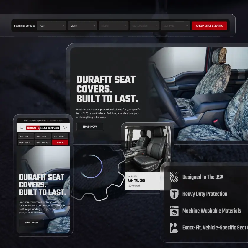 Custom and responsive Durafit Seat Covers homepage design displayed across desktop and mobile, highlighting an intuitive vehicle search experience, clear product messaging, and a streamlined path to shop seat covers.