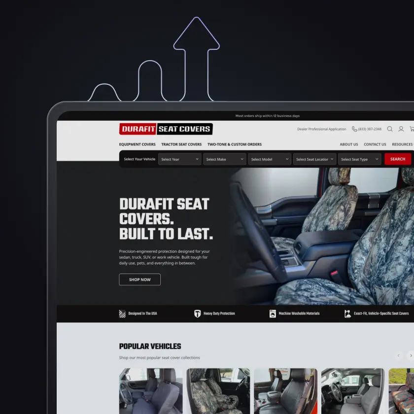 Durafit Seat Covers homepage interface with an optimized navigation and search experience, emphasizing improved usability, clearer product discovery, and a more efficient path into the purchase flow.