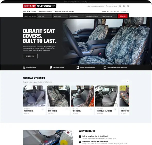 Redesigned Durafit Seat Covers homepage with a clean, modern layout that improves how users navigate, understand products, and move smoothly into the purchase flow, featuring a clear hero section, intuitive vehicle search, and structured product highlights.