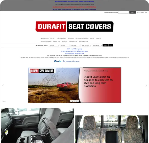 Outdated Durafit Seat Covers homepage with a cluttered, hard-to-scan layout, confusing navigation, and dense content sections that make it difficult for users to understand products or easily move through the purchase process.