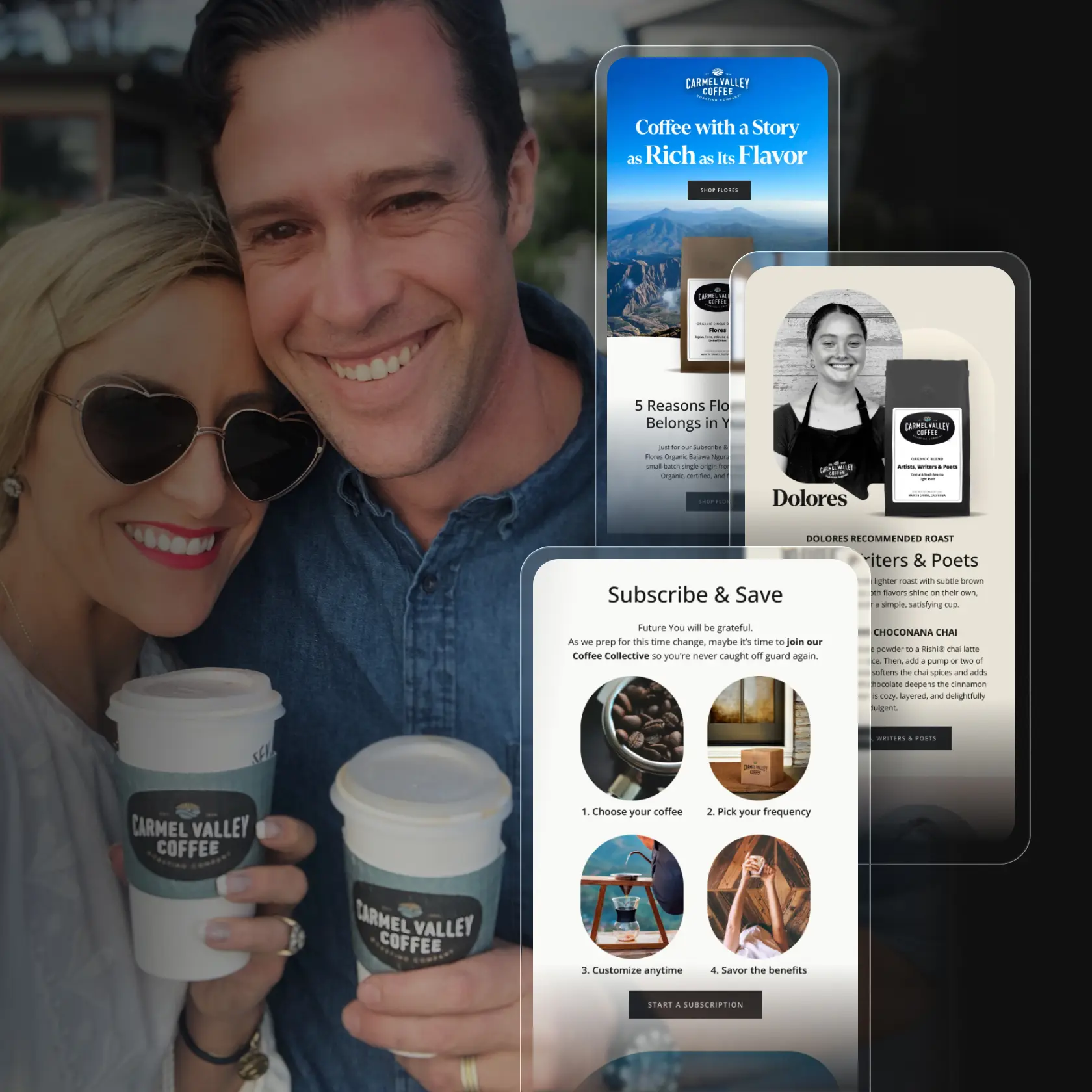 Smiling couple holding Carmel Valley Coffee cups with overlapping campaign visuals highlighting the brand’s email, subscription, and product marketing.