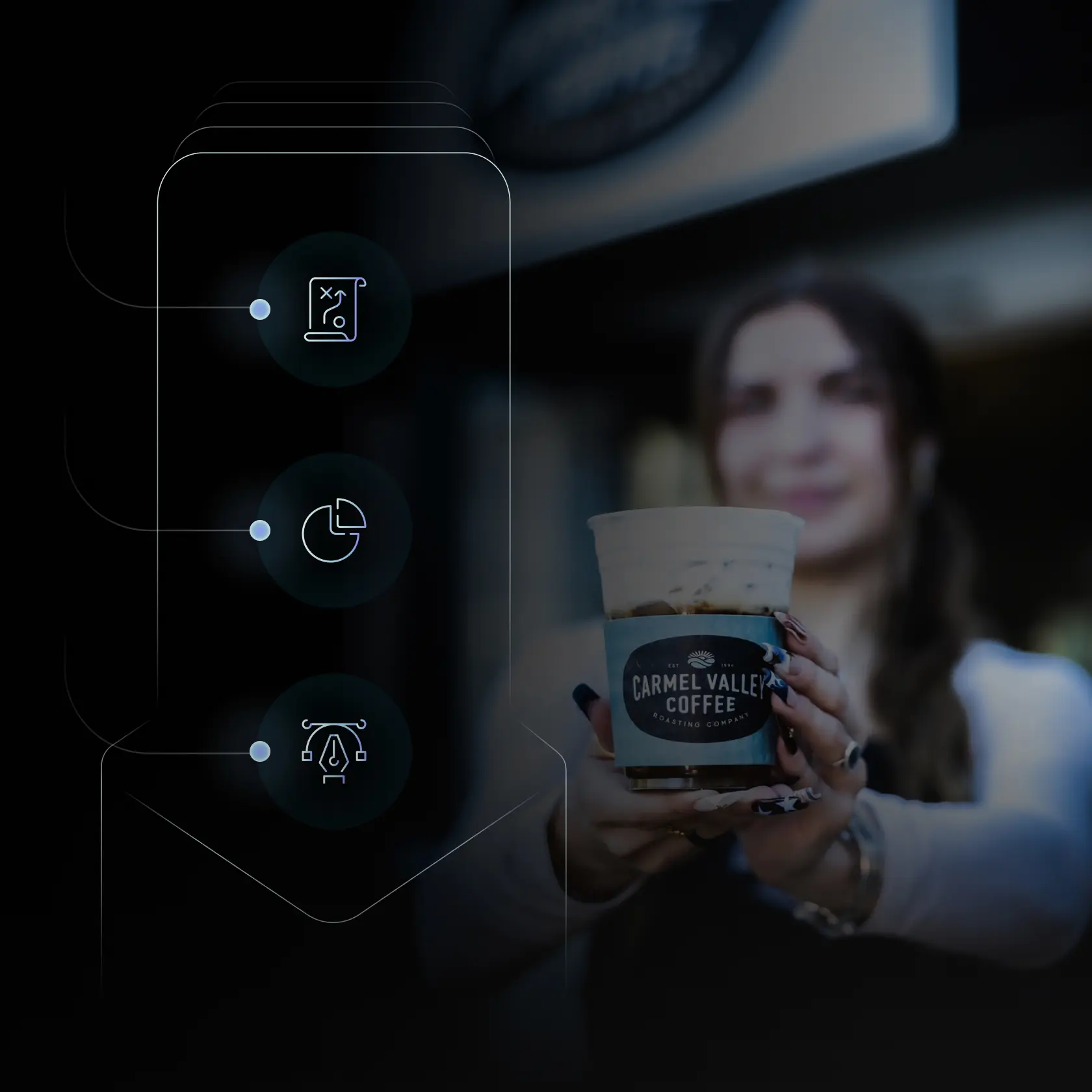Person holding a Carmel Valley Coffee drink with abstract marketing strategy icons overlaid beside the image.