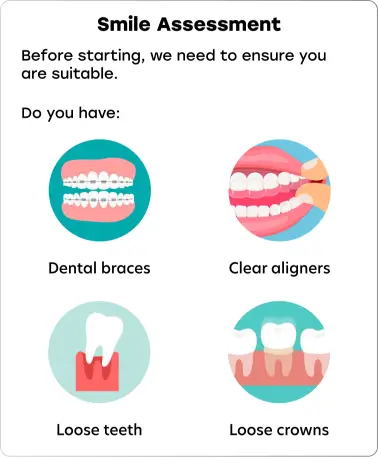 Instasmile mobile screen displaying smile assessment questions with icons for dental braces, clear aligners, loose teeth, and loose crowns. Text explains that users with these conditions are not eligible.