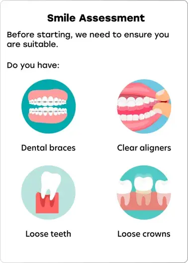 Instasmile mobile screen displaying smile assessment questions with icons for dental braces, clear aligners, loose teeth, and loose crowns. Text explains that users with these conditions are not eligible.