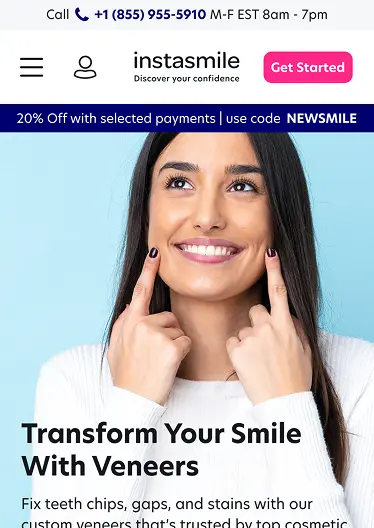 Smiling woman with long dark hair pointing to her teeth, promoting Instasmile veneers. The header reads ‘Transform Your Smile With Veneers’ with navigation elements and a discount banner.