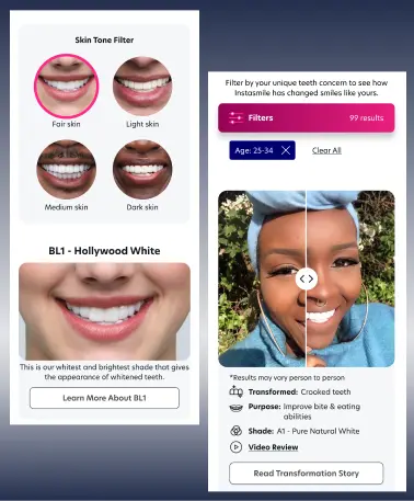 Instasmile comparison tool showing skin tone filters on the left and a before-and-after smile transformation on the right, with product shade details and transformation filters.