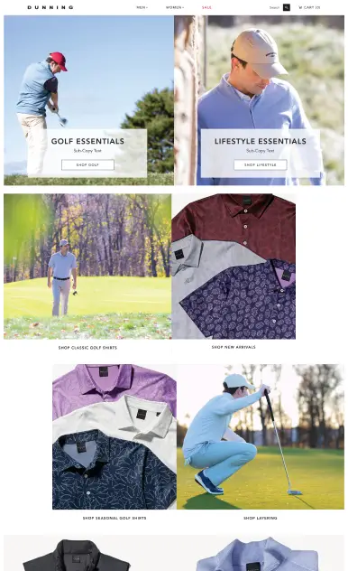 Screenshot of the Dunning website homepage showcasing men’s golf apparel. The top banner features two sections labeled “Golf Essentials” and “Lifestyle Essentials” with images of golfers in action. Below are various product tiles, including polo shirts in different colors and patterns, and lifestyle shots of men golfing. Sections are labeled “Shop Classic Golf Shirts,” “Shop New Arrivals,” “Shop Seasonal Golf Shirts,” and “Shop Layering,” highlighting the brand’s performance-focused menswear collection.