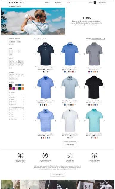 Product listing page for Dunning Golf shirts. The top banner shows a golfer adjusting his glove, followed by a header that reads “Shirts” with a brief description of the collection. Below, a grid layout displays various performance golf polo shirts in different colors and styles. Filter options on the left include size, fit, color, pattern, and fabric composition. Each shirt is shown with a product image, name, available color swatches, price, and customer rating. At the bottom are icons highlighting product benefits like moisture management, stretch performance, and long-lasting quality.