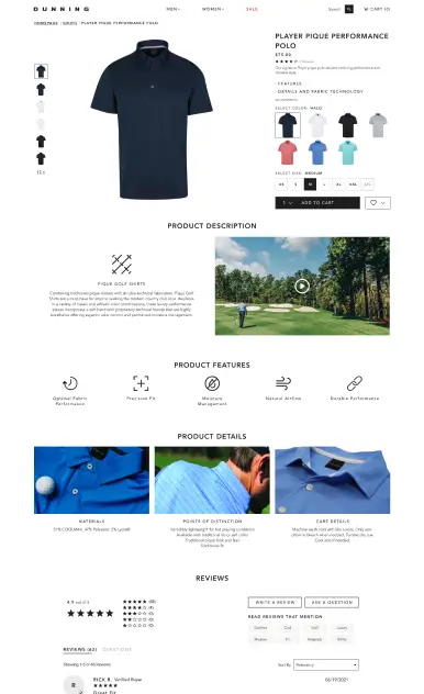 Product detail page for the “Player Pique Performance Polo” from Dunning Golf. The page features a large product image of a navy blue polo shirt, available in multiple color options. The section includes dropdowns for size selection and an “Add to Cart” button. Below are sections for product description with a golf course image, product features like moisture-wicking and stretch fabric, product details with close-ups of fabric and design, and a review section showing customer ratings and feedback. The page emphasizes performance, comfort, and premium golf apparel design.