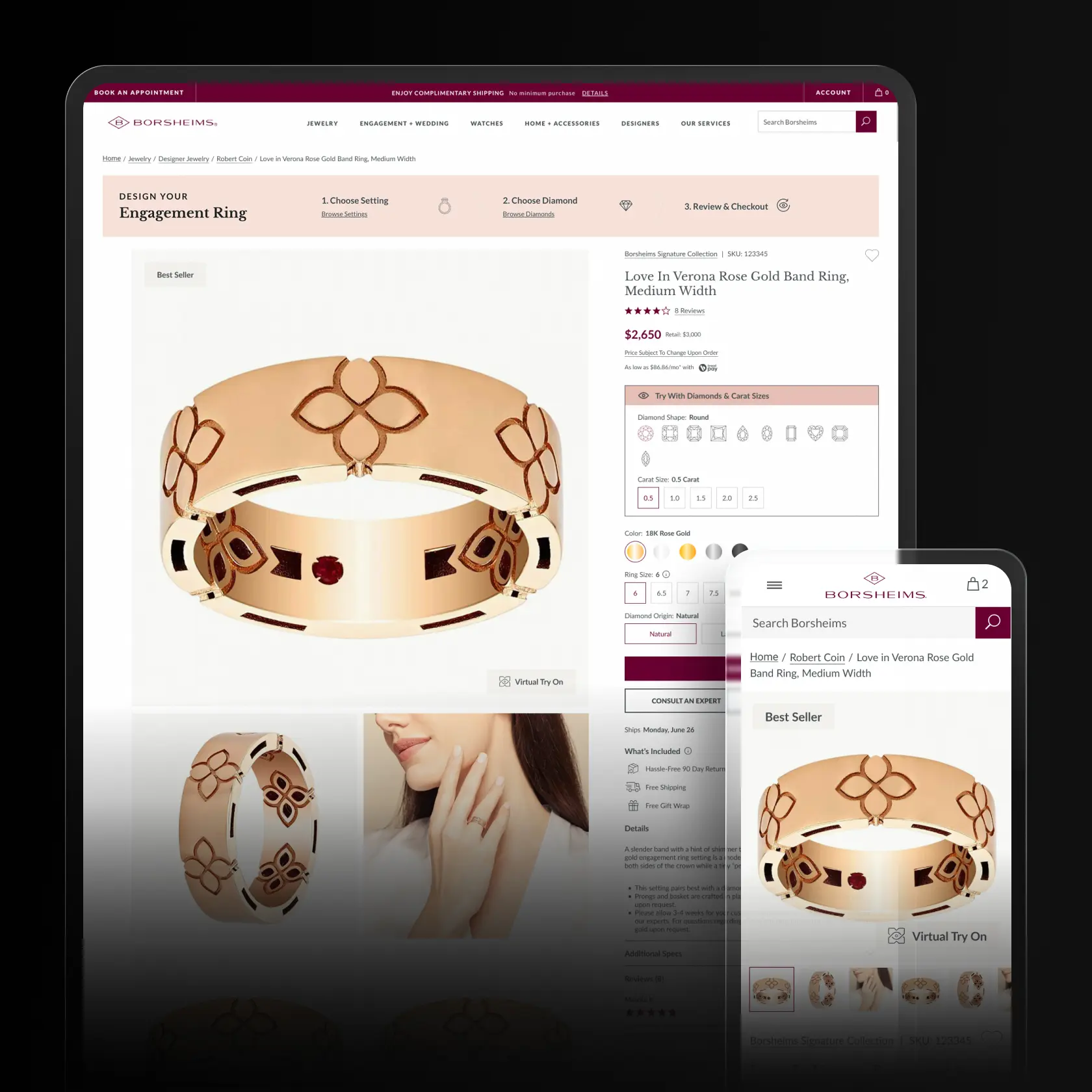 Desktop and mobile product page mockups showing a Borsheims rose gold band ring with product images, customization options, and virtual try-on features.