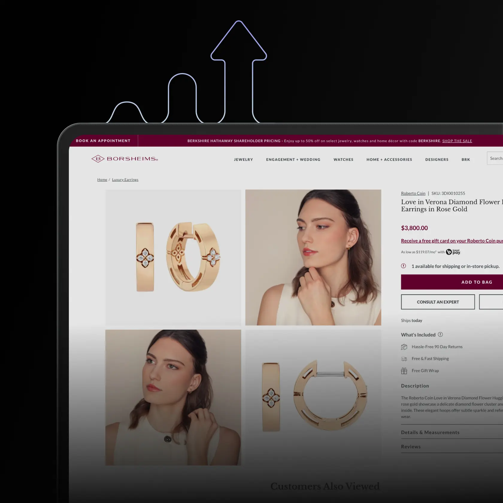 Borsheims product page mockup showing rose gold diamond flower huggie earrings, lifestyle imagery, product details, and an upward arrow graphic above the page.