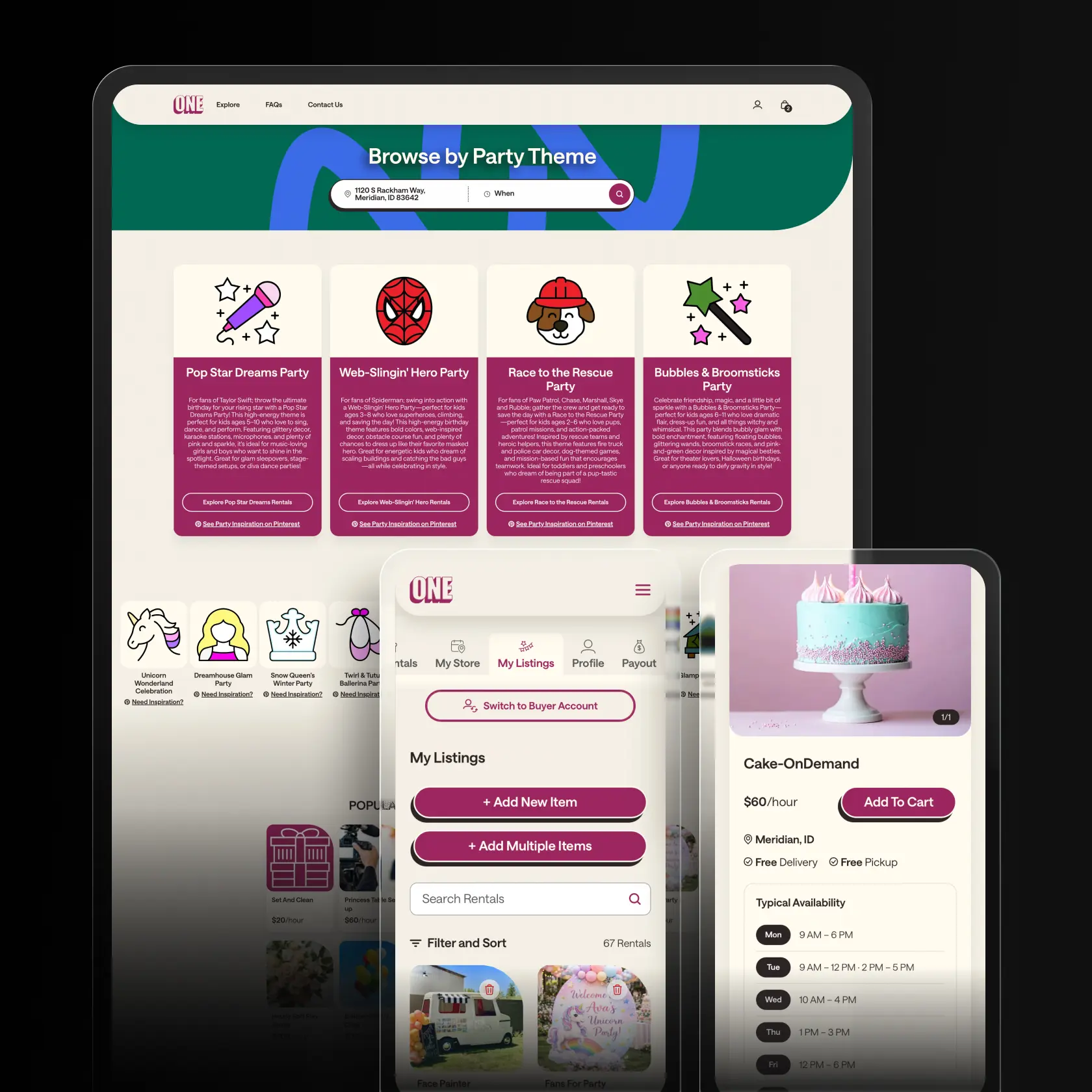 Responsive marketplace screens for One Party Rental showing party themes, vendor listings, and rental product details.