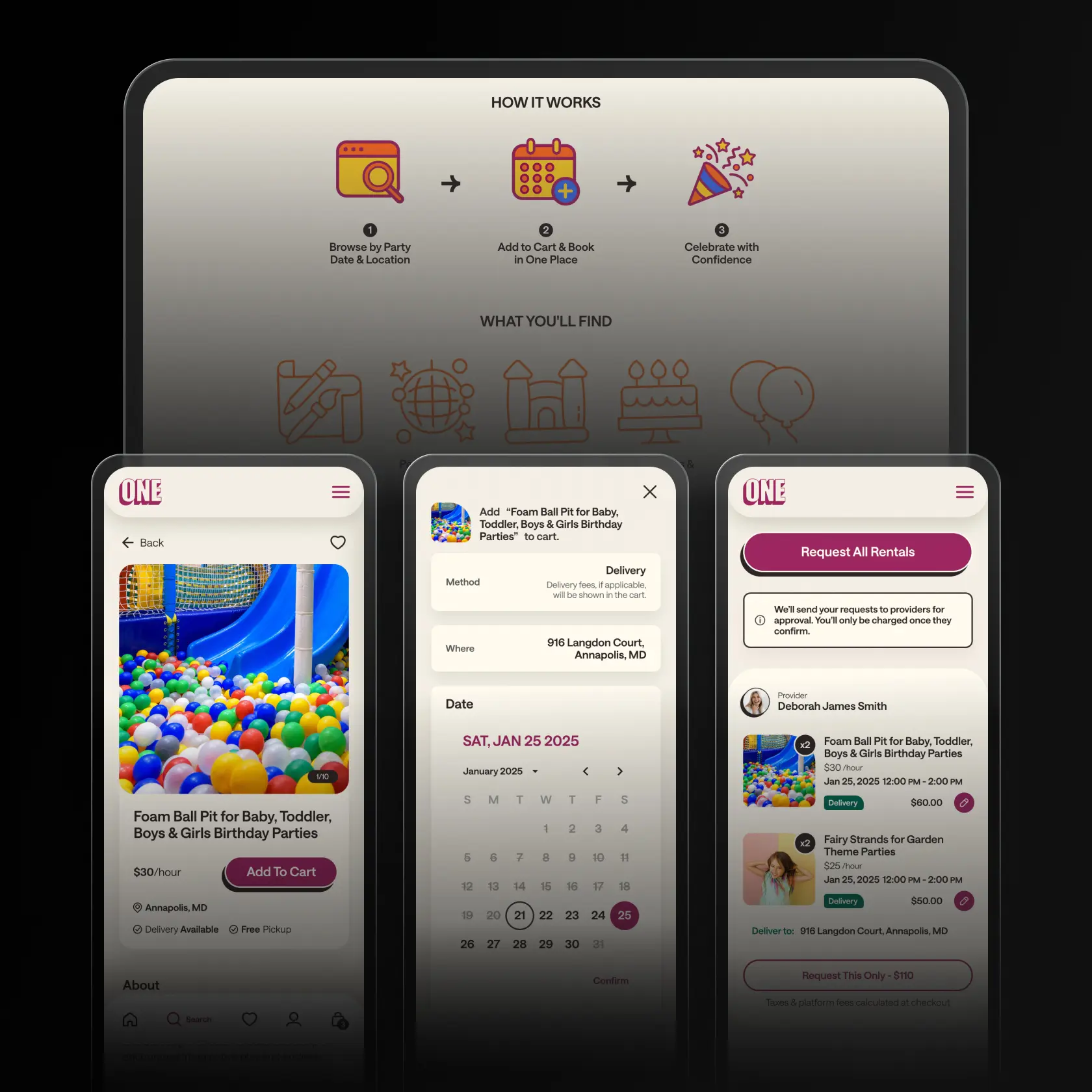 One Party Rental mobile booking screens showing product details, date selection, and rental request checkout.