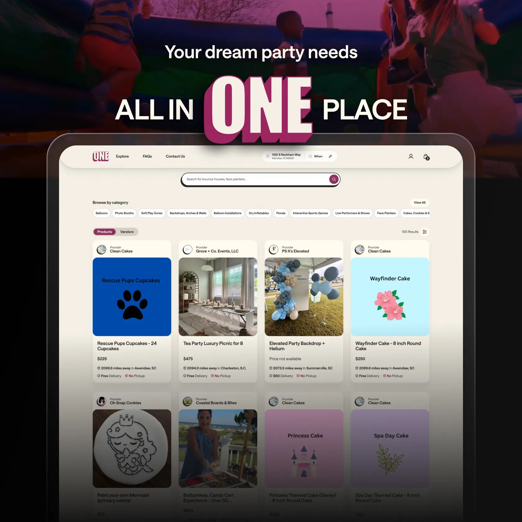 One Party Rental marketplace page showing party rental products and the “All in One Place” campaign message.